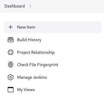 Jenkins Classic UI left column showing options: New Item, Build History, Project Relationship, Check File Fingerprint, Manage Jenkins and My Views.