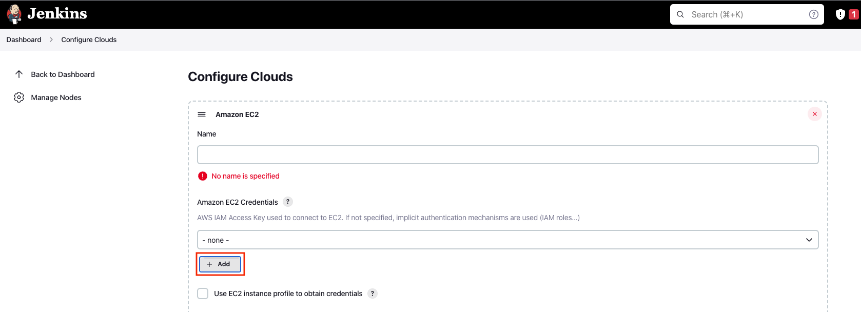 Adding EC2 credentials in Configure Cloud.